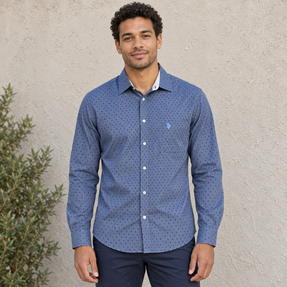 U.S. Polo Assn. Men’s XL Slim Fit Blue Diamond Print Stretch Shirt